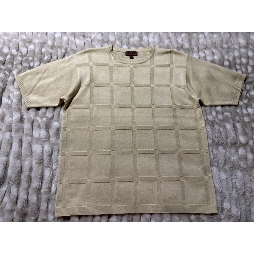 Oleg Cassini Checkered Texture Cream Mens Short Sleeve Shirt Silk Cotton Blend M